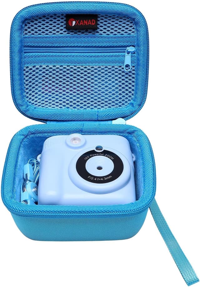 Detalle de XANAD Kinderkamera Tasche für Sofortbildkamera – Schutzetui mit Thermodruckpapier, Hartschale & Gurt (Blau)