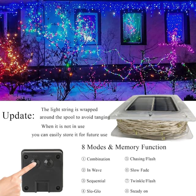 Detalle de Joomer Solar String Lights Outdoor (2 Pack, 80FT total, 240 LEDs) – Waterproof garden fairy lights with 8 modes