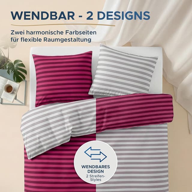 Detalle 2 de MALIKA Bettwäsche 135x200 aus Baumwolle, 2-teiliges Set (Weinrot, Streifen) mit Wendebezug