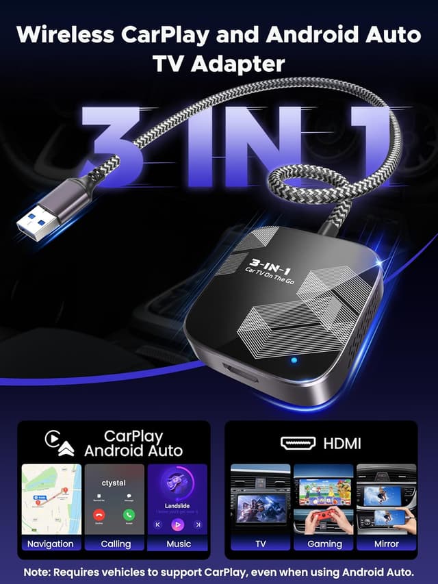 Detalle de 3-in-1 Wireless CarPlay Adapter 2026 (Android Auto & HDMI Input) for 2016+ Cars - Black