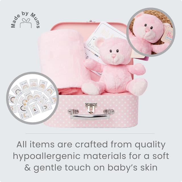 Detalle de Baby Box Shop Newborn Baby Gift Set: Pink Teddy Hamper with Milestone Cards & Fleece Blanket