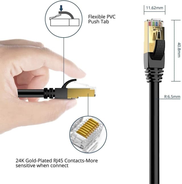 Detalle 2 de VEEtOP Cat8 LAN-Kabel mit vergoldetem RJ45 – schnelles Ethernet für Gaming, Smart Home & Office