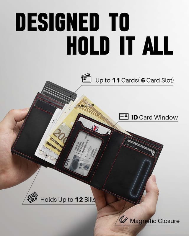 Detalle de MYSHION Pop Up Wallet for Men (Black/Red) with Coin Pocket, ID Window & RFID Blocking