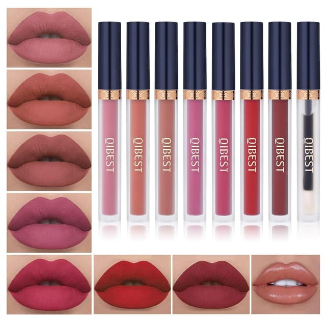 Detalle de QiBest 8-Piece Matte Liquid Lipstick + Lip Plumper Set (7 Matte Shades + 1 Plumper)