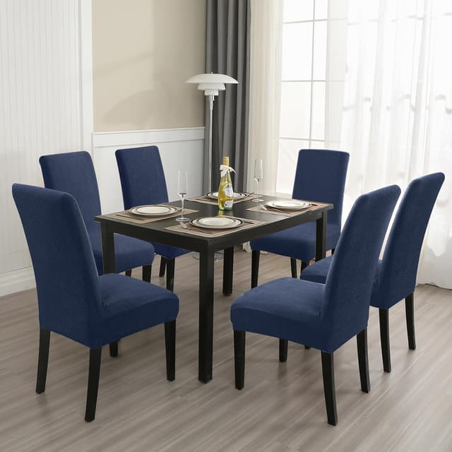 Detalle 2 de YSTELLAA Housse de chaise extensible 6 pièces en jacquard losanges – bleu foncé