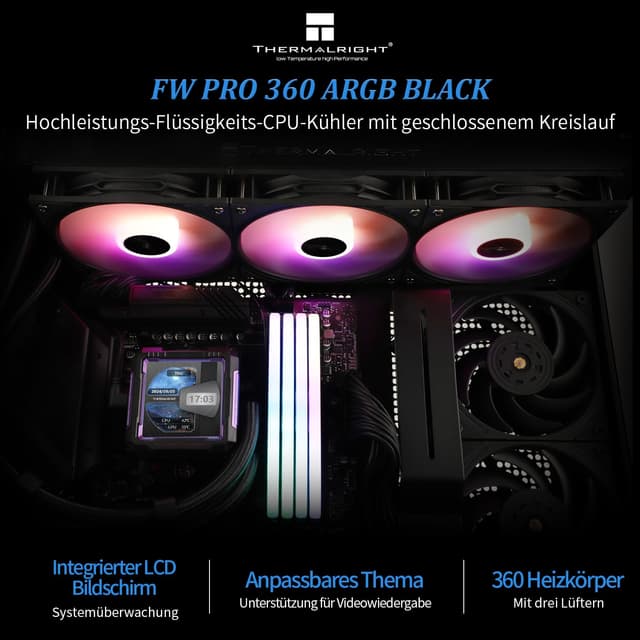 Detalle 2 de Thermalright FW PRO 360 ARGB Schwarz-360mm AIO mit 2,73″ IPS-LCD (320×320) für AM4/AM5 & Intel LGA1700/1851