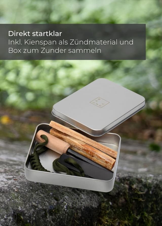 Detalle 2 de LAMBDA COFFEE® Ember Magnesium-Feuerstarter mit Feuerstahl, Kienspan und Metallbox für Zunder