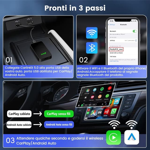 Detalle de Carlinkit 5.0 CarPlay Wireless e Android Auto 2 in 1 (versione 2026) per auto dal 2016