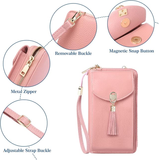 Detalle de BTNEEU Sac téléphone portable femme portefeuille RFID avec blocage, cuir, bandoulière (rose)