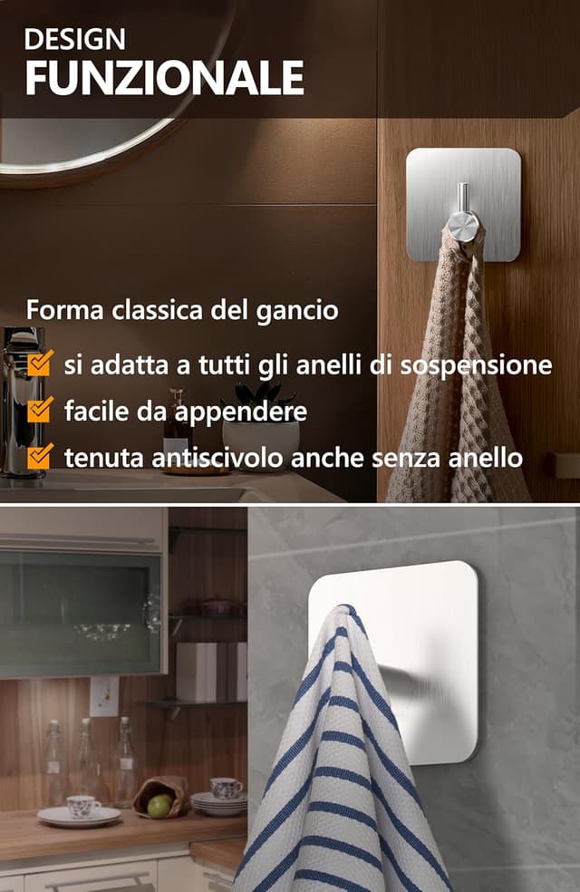 Detalle 2 de 4smile ganci adesivi in acciaio inox SET 6 porta asciugamani antiruggine da parete (argento)