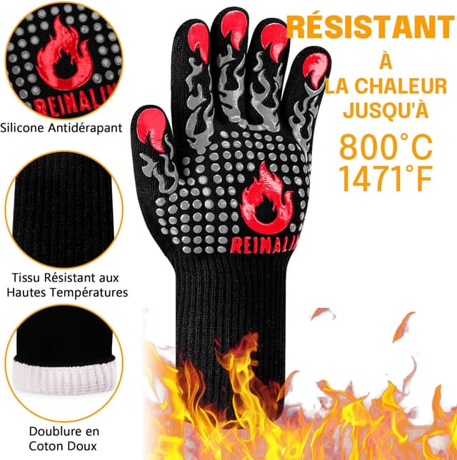 Detalle 2 de Reinalin gants de barbecue et de four en silicone antidérapants jusqu’à 500°C (S/M), gris