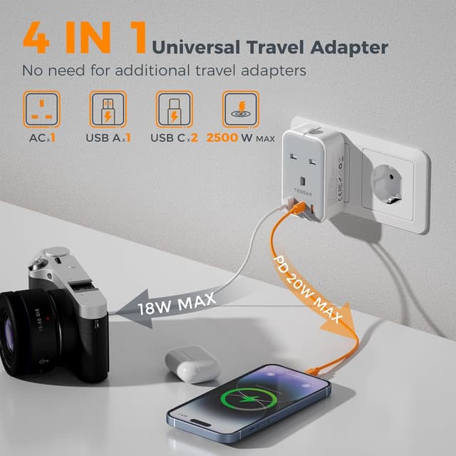 Detalle de TESSAN UK to Universal Travel Adapter 20W (Type C/G/A/I) with 2 USB‑C + 1 USB‑A