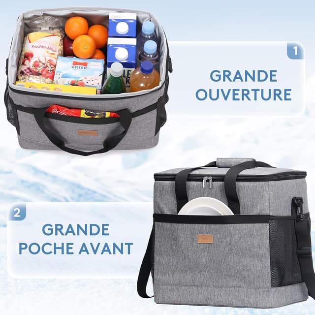 Detalle 2 de Lifewit Sac Isotherme 30L (grand format) en gris – glacière souple portable pour pique-nique, plage et camping