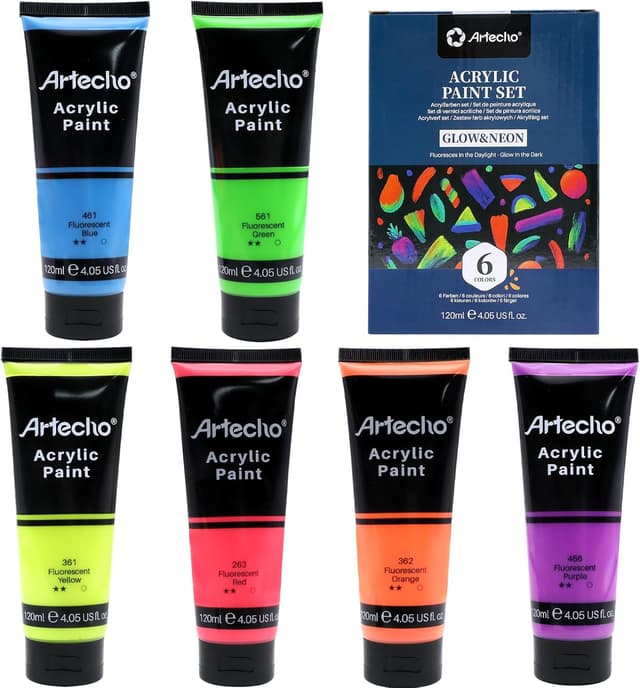 Detalle 2 de Artecho Acrylfarbe Leuchtfarbe im 6er-Pack (120 ml) – wasserfest, lichtbeständig und schnell trocknend