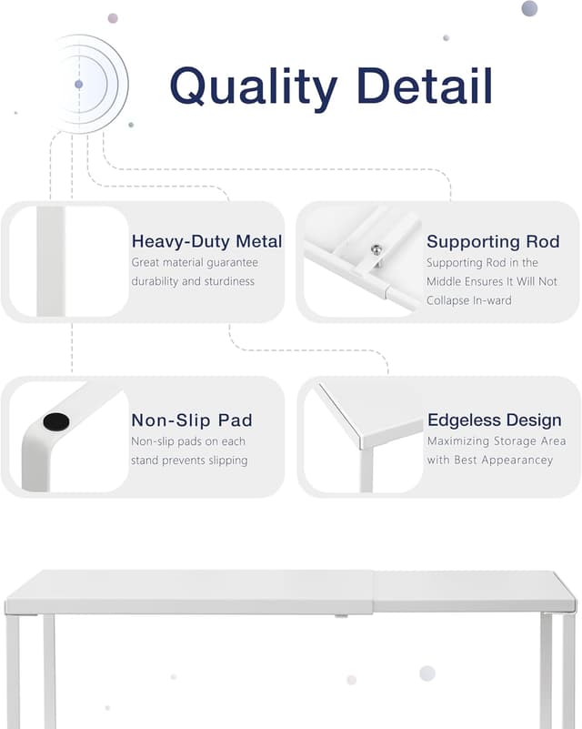 Detalle de Nxconsu Expandable Cabinet Shelf Organizer Riser Rack (Heavy-Duty Metal, White) — width 14.56–24.6 in