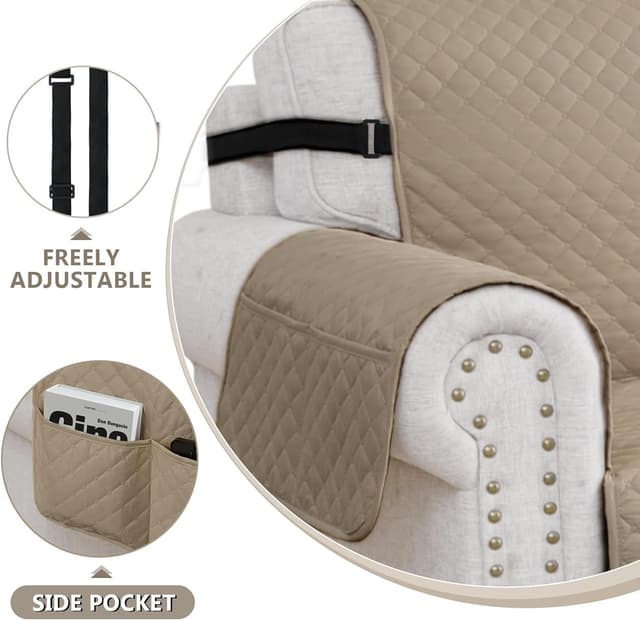 Detalle de FIGOOO Copridivano impermeabile 1 posto trapuntato con tasche laterali color cachi