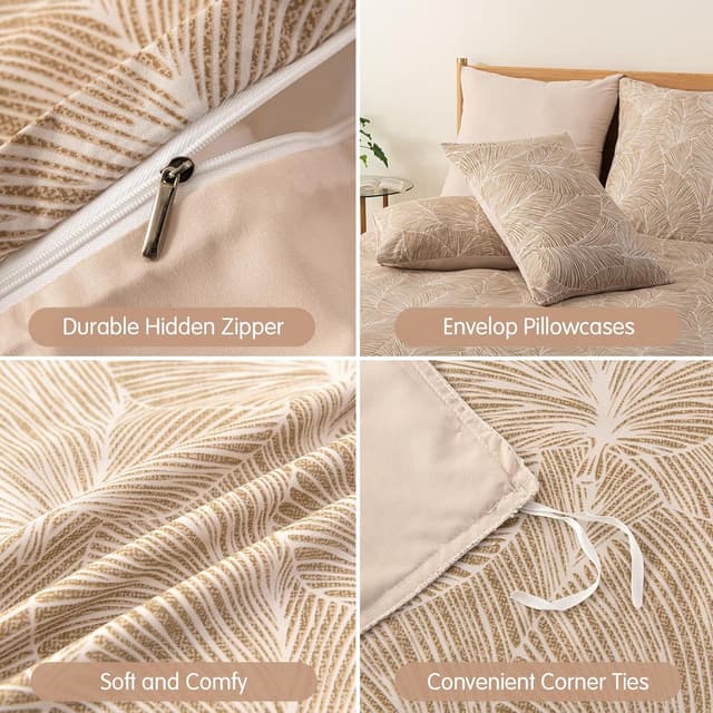 Detalle de Tokokimo Beige Double Duvet Cover Set (Tropical Leaves) with 2 Pillowcases, Soft Microfibre, 200x200 cm