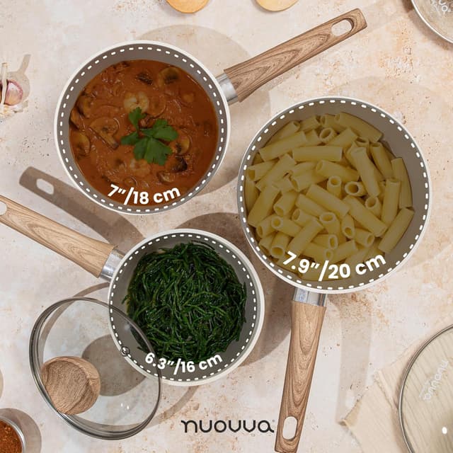 Detalle de Nuovva Cream Granite 3-Piece Non-Stick Saucepan Set (16cm, 18cm, 20cm) with Lid – Induction compatible