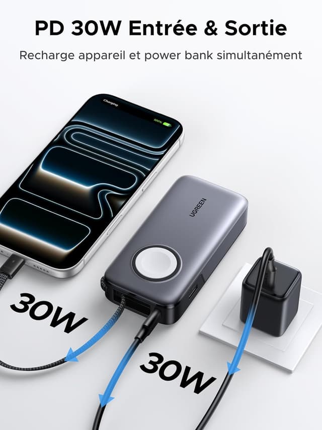 Detalle de UGREEN Nexode 30W Batterie Externe 10000 mAh avec charge magnétique 5W pour iWatch