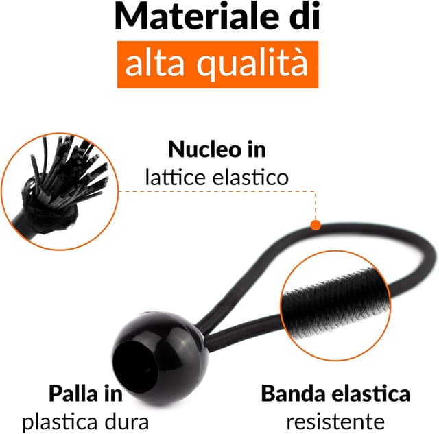 Detalle de 50 elastici con sfera per teloni, striscioni e rimorchi: tenditori piccoli in gomma nera (cavo elastico di fissaggio)