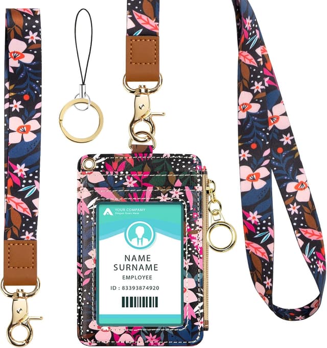 Detalle de Porte badge tour de cou en cuir PU « Pink Flower » avec poche zippée (carte d’identité, carte d’étudiants, carte bus)