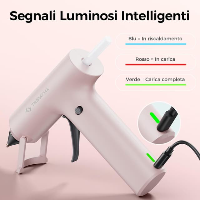 Detalle de TILSWALL mini pistola per colla a caldo senza fili con 20 stick 7×140 mm (riscaldamento 90 s) – Rosa