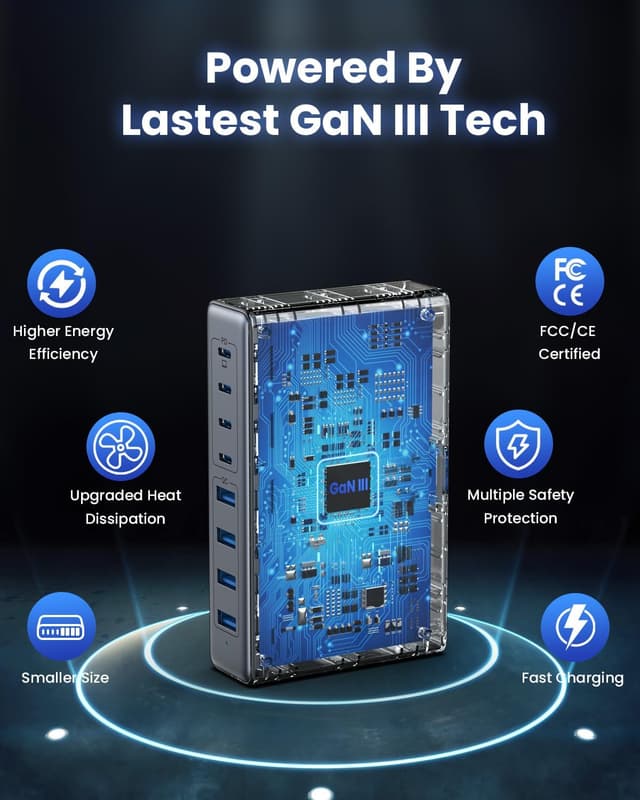 Detalle de Chargeur USB-C 8 ports 200 W GaN III : station multiple pour MacBook, iPhone et appareils USB-C/USB-A