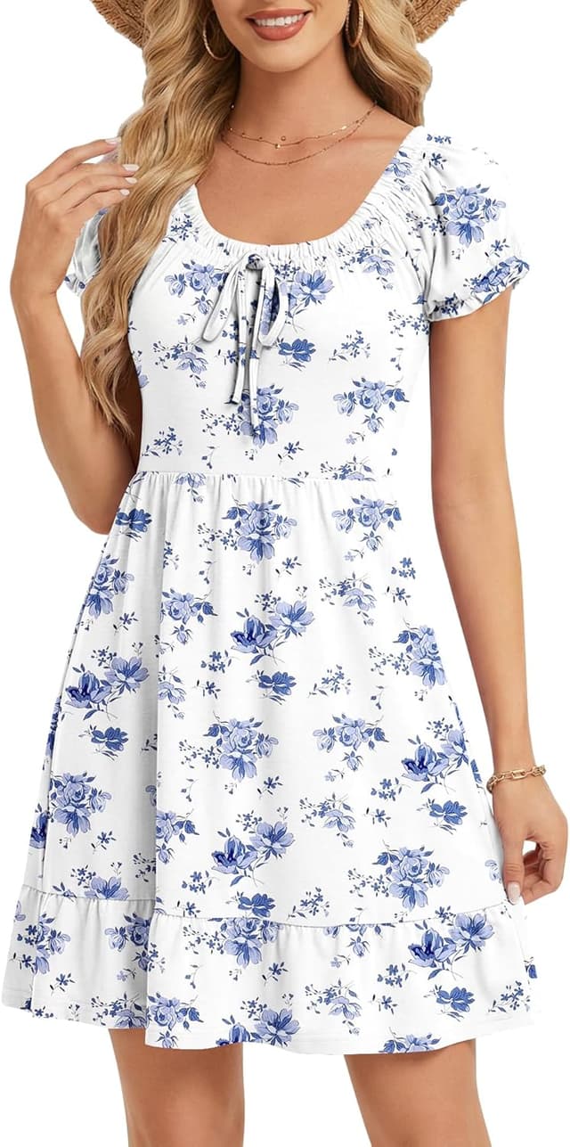 Detalle de AUSELILY Damen Sommerkleid mit Puffärmeln, hoher Taille und Taschen