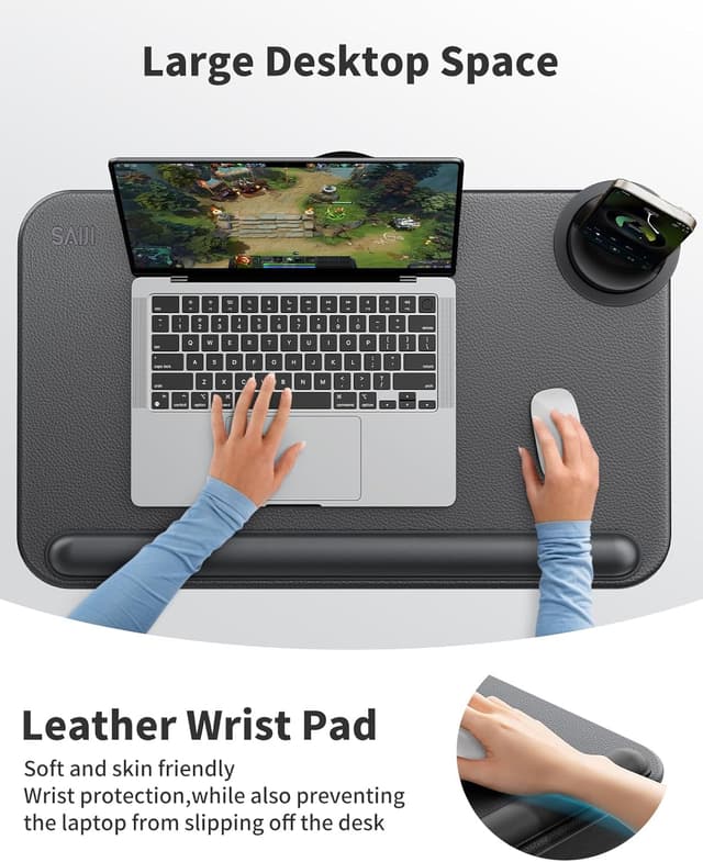 Detalle de SAIJI large leather desktop laptop tray with phone holder and wrist rest (supports up to 17-inch laptops)