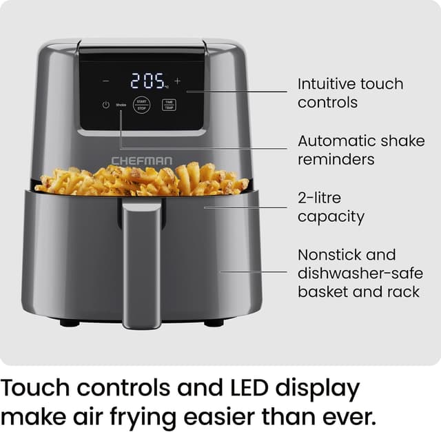 Detalle de Chefman 2L Mini Air Fryer (Digital, Grey) – compact 2-litre model with shake reminder