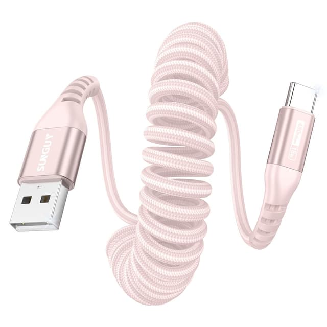 Detalle de SUNGUY USB‑C Spiralkabel (1,8 m) – Datenkabel & Schnellladung für Auto (Android Auto/Carplay) in Rosa
