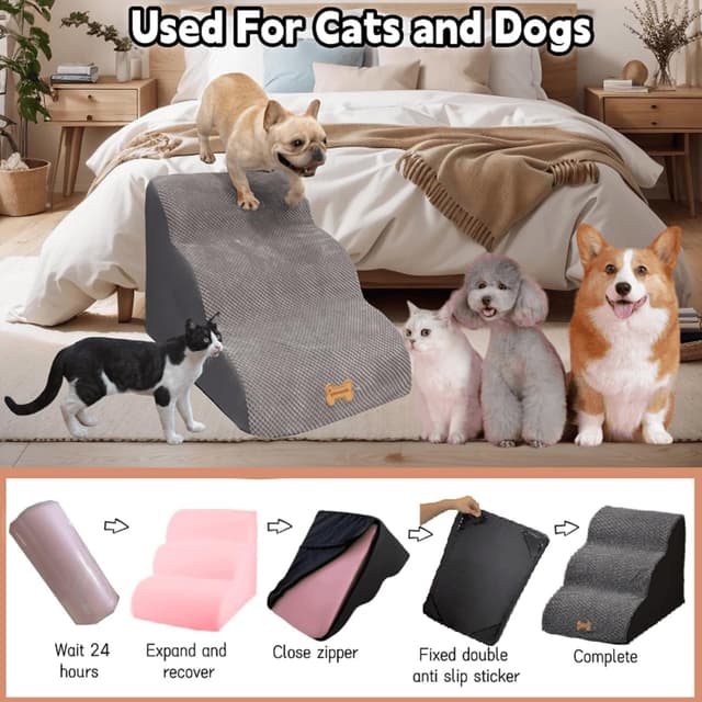 Detalle de Trhillsbrad Escalier Large pour Chien en mousse haute densité – 3 marches (32×60×30 cm)