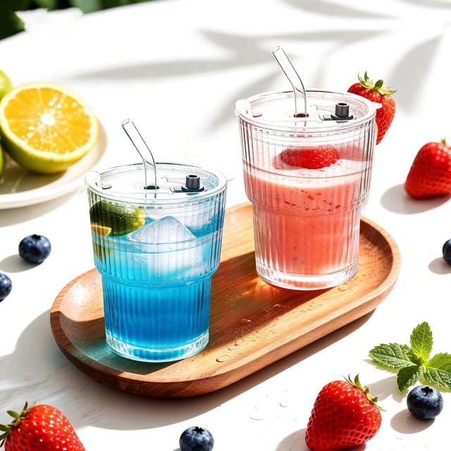 Thumbnail 6 de YupURStyle 13oz ribbed glass tumbler set (4 pack) with straw and leakproof lid, insulated-style travel cup for iced drinks