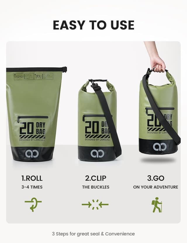Detalle 2 de Lamicall Dry Bag Waterproof Bag (30L) with 100% waterproof phone pouch – floatable anti-scratch dry backpack in green