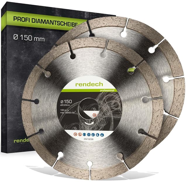 Detalle de rendech® Profi Diamantscheibe 150 mm für Mauernutfräse – 2er Pack (Diamanttrennscheibe für Mauerwerk, Beton, Klinker & mehr)
