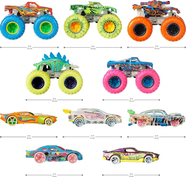 Detalle de Hot Wheels Monster Trucks 10-Pack (Glow-in-the-Dark) 1:64 Scale, 5 Trucks & 5 Cars Set