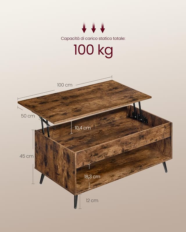 Detalle de VASAGLE LCT267KD01 Tavolino da salotto con piano sollevabile a molla a gas, vano nascosto e ripiano aperto