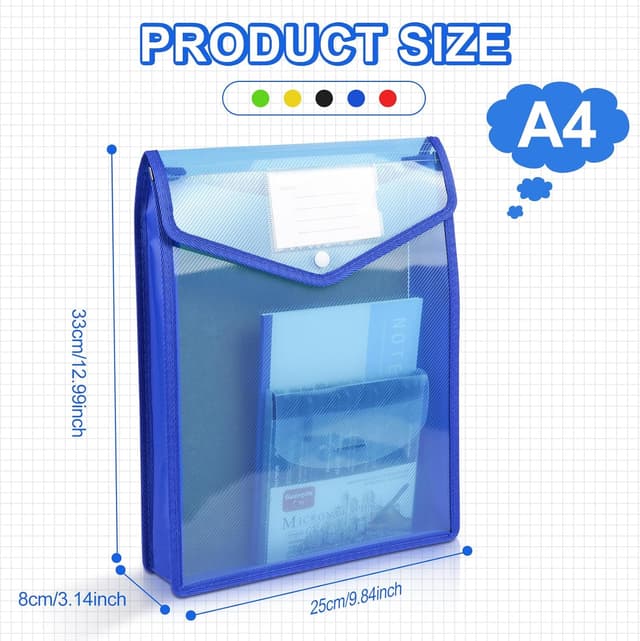 Detalle 2 de Vicloon Sichttasche Dokumenten, 5er Set A4 (Blau/Gelb/Rot/Grün/Weiß) mit Druckknopf