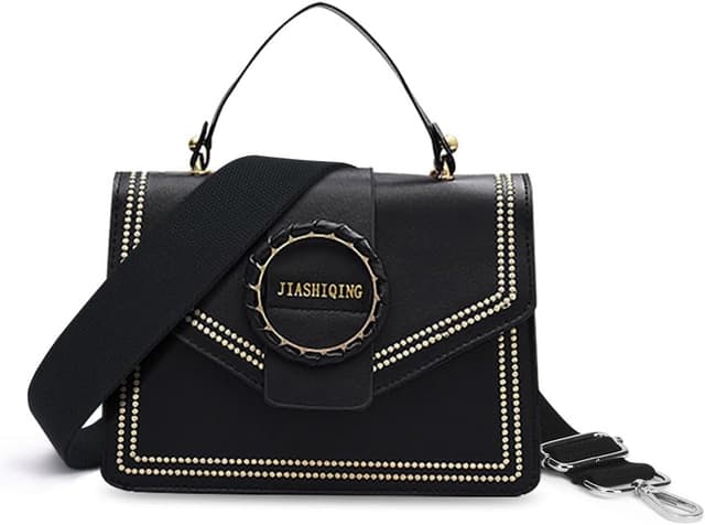 Detalle de Aucuu tracolla in cotone tinta unita nera con fibbia argento e scatola bianca