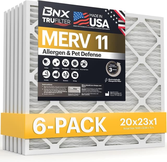 Detalle de BNX TruFilter 20x23x1 MERV 11 Electrostatic Pleated Air Filter (6-Pack) — Made in USA
