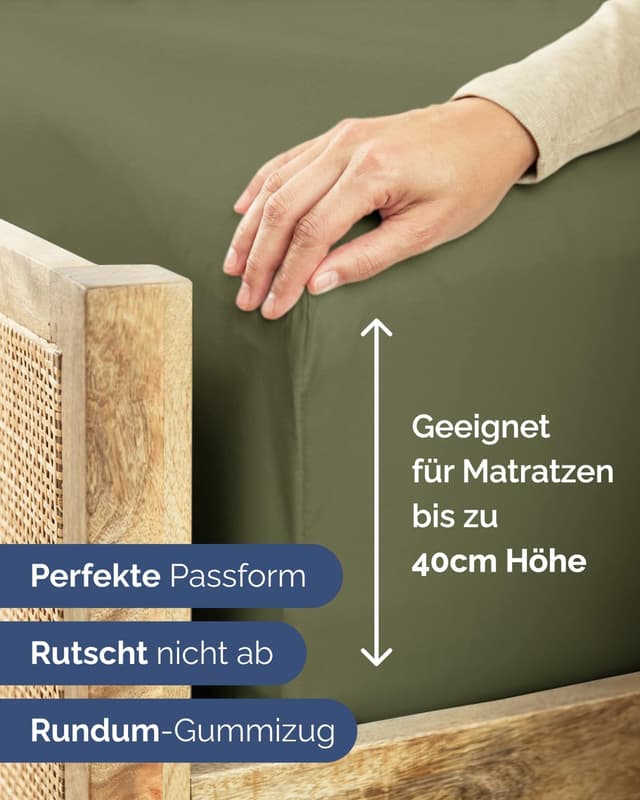 Detalle de Spannbettlaken 140x200 cm Salbei Grün – extra tiefes Spannbetttuch bis 40 cm Matratzenhöhe (Oeko-TEX)