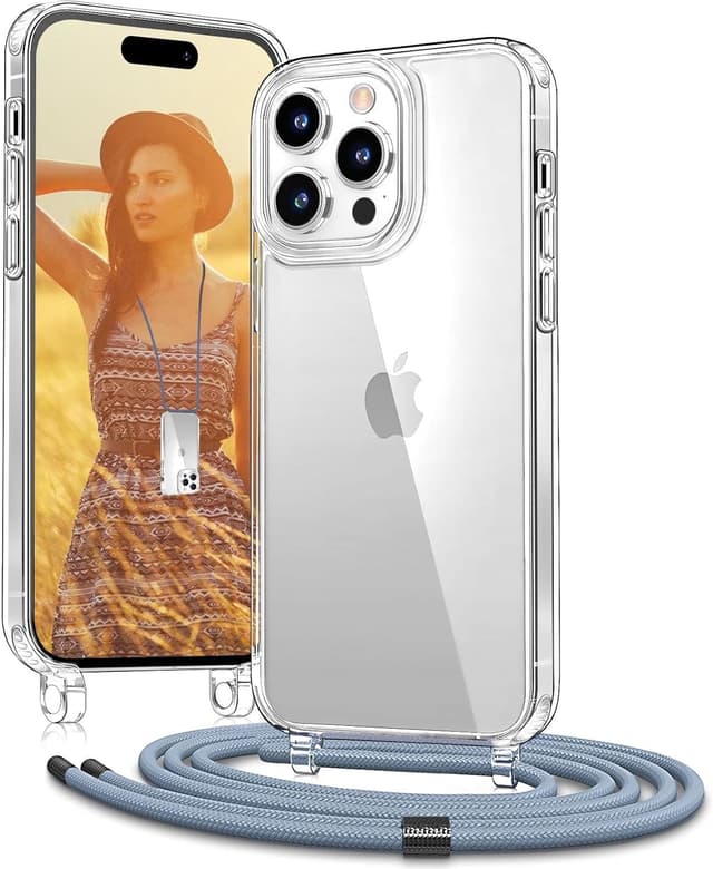 Detalle de OLEPHY Cover Trasparente con Cordino per iPhone 15 Pro 6,1" – protezione antiurto e antigraffio con collana regolabile, blu