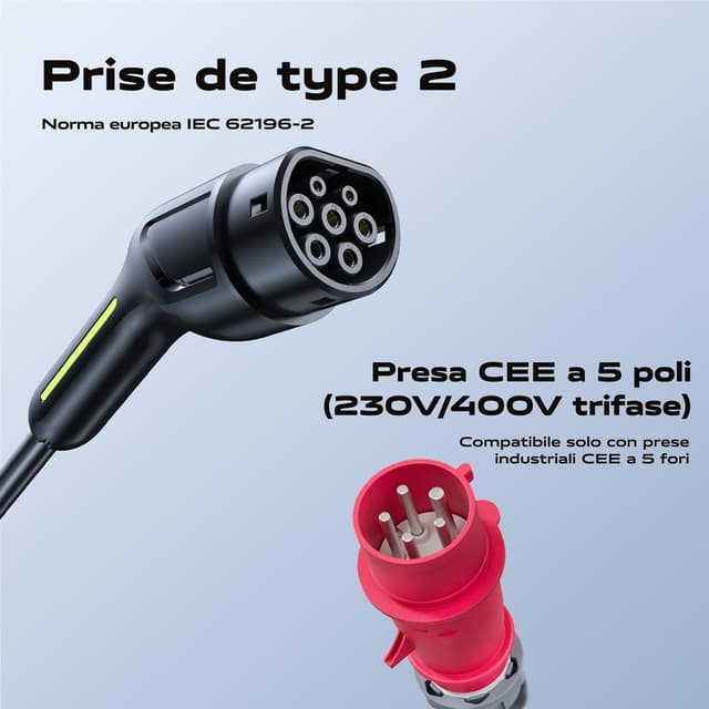 Detalle de VDLPOWEREU caricatore EV portatile 11 kW con presa trifase Tipo 2 (5 pin), cavo 5 metri regolabile 6-16A