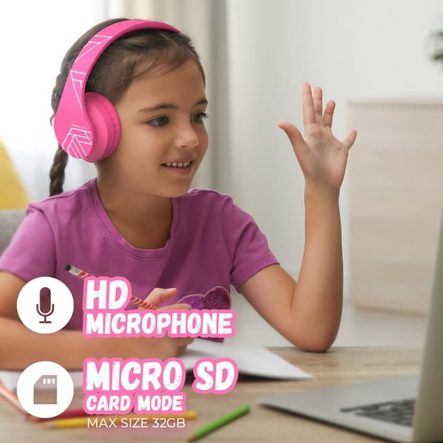 Detalle de PowerLocus P2 Kids Wireless Headphones (Over-Ear) with 85dB Volume Limit, Mic, Foldable Case & Micro SD Support – Pink