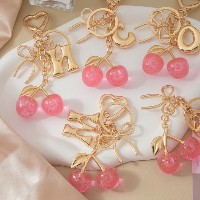 Detalle de Snylcce Pink Cherry Bow Letter Keychain personalised A–Z initial keyring