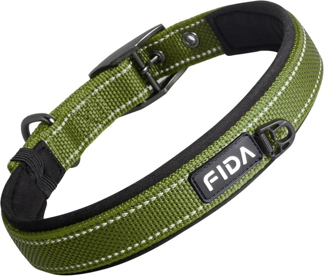 Detalle de Fida Padded Dog Collar with Metal Belt Buckle and Double-Layer Webbing (Green)