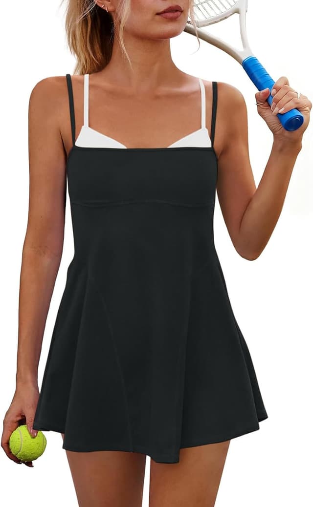 Detalle de Sexyasasii Women’s Tennis Dress with Built-In Shorts and Shelf Bra (Square Neck, Pockets)