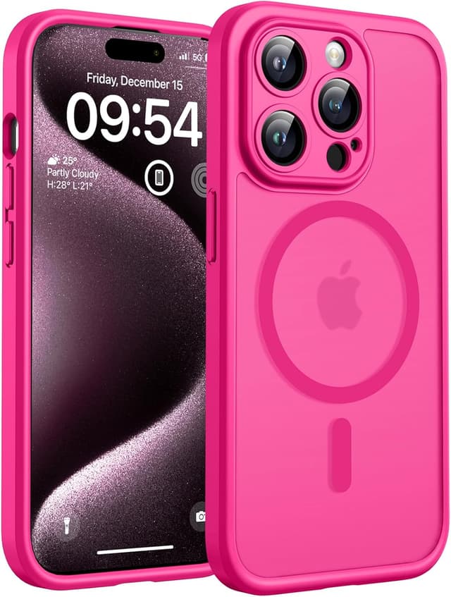 Detalle de TOCOL Cover Magnetica per iPhone 15 Pro 6,1” con MagSafe, protezione fotocamera integrata e antiurto trasparente-opaca (Rosa Caldo)