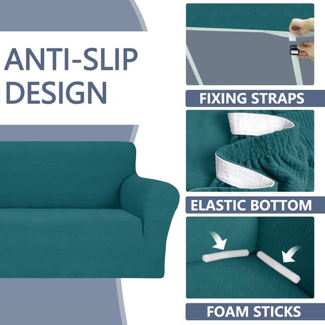 Detalle de Ystyle housse de canapé extensible 2 places universelle avec accoudoirs, motif géométrique vert foncé