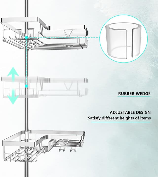 Detalle de Cooeco Corner Shower Caddy with 4 Baskets (height adjustable telescopic pole, no-drill, rustproof)